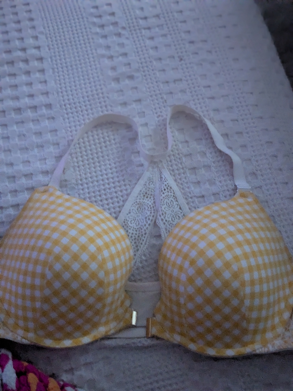 Yellow Gingham Lace-Back Padded Bra